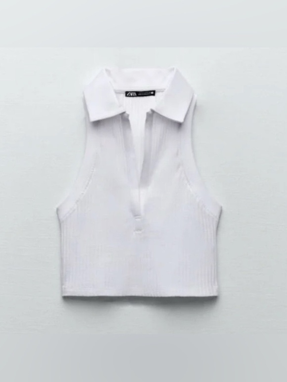 Zara White Ribbed Sleeveless Polo Crop Top Large